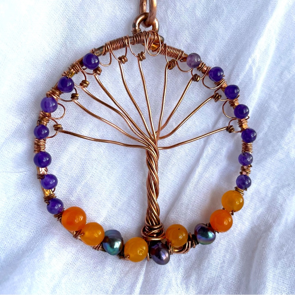 Tree of Life Necklace Large Copper Beaded Amethyst Orange Jade Handmade‎